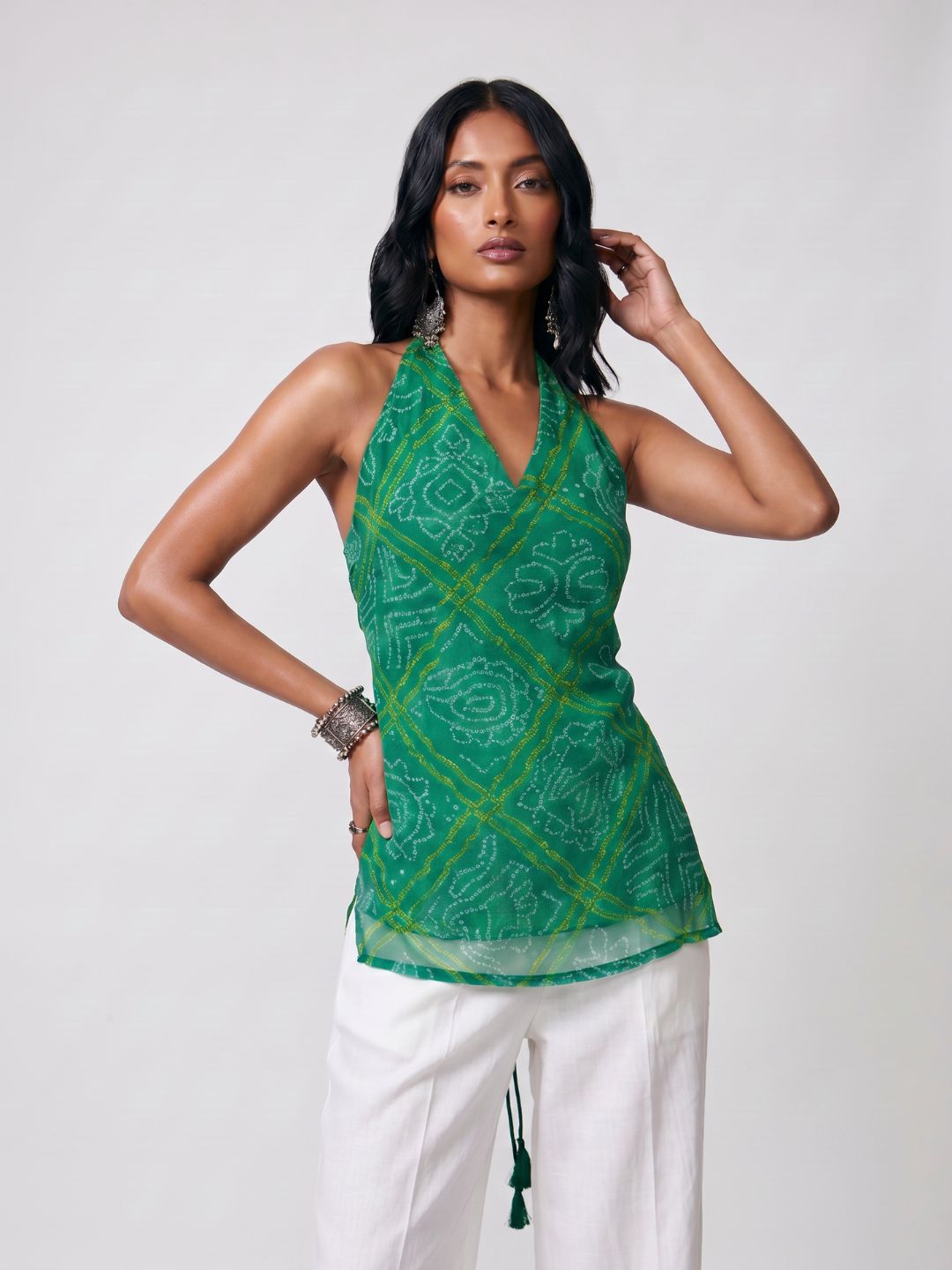 Leela Bandhani Halter Neck Corset Kurti Top