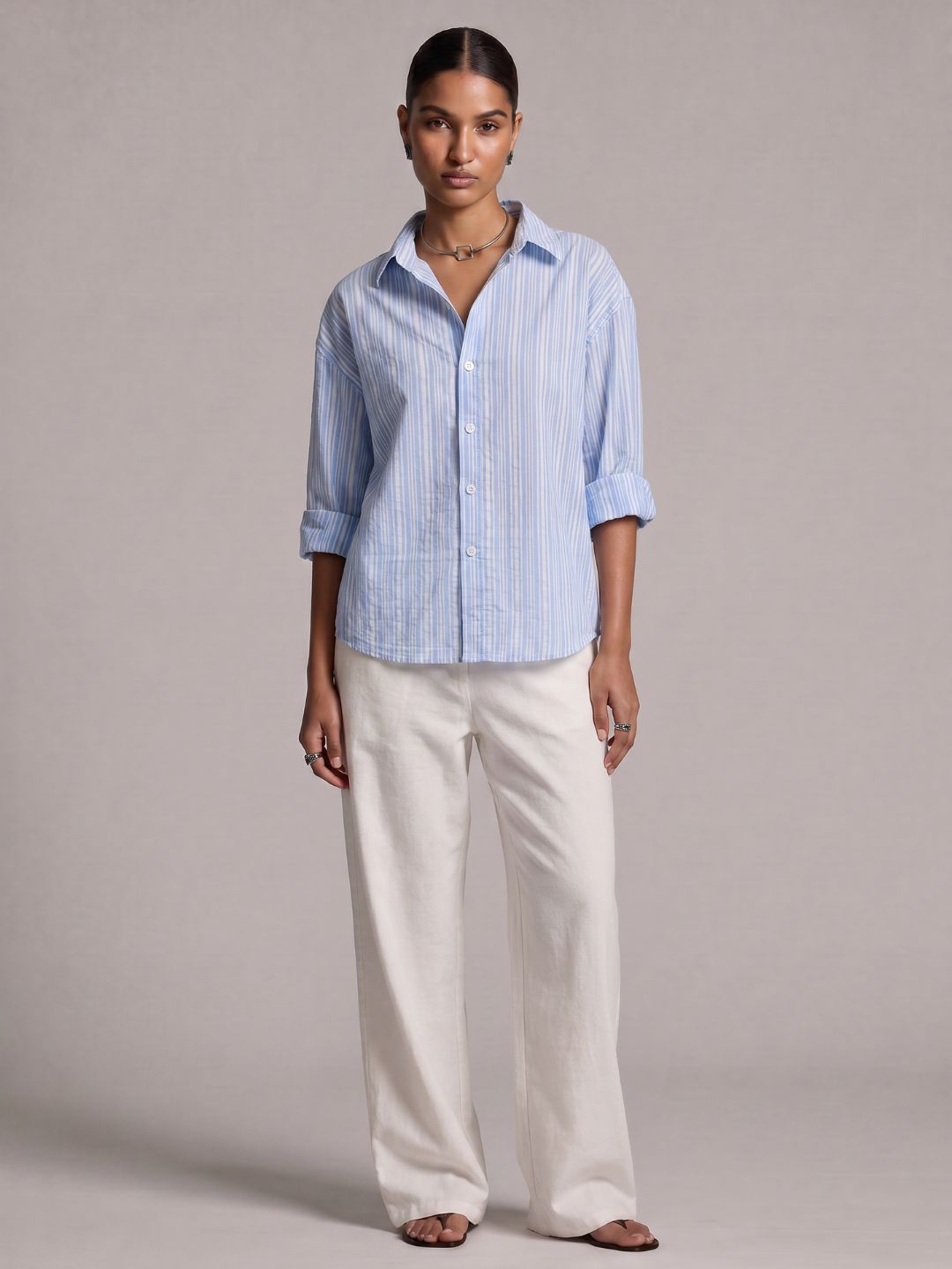 Oversized Striped Linen Crop Shirt