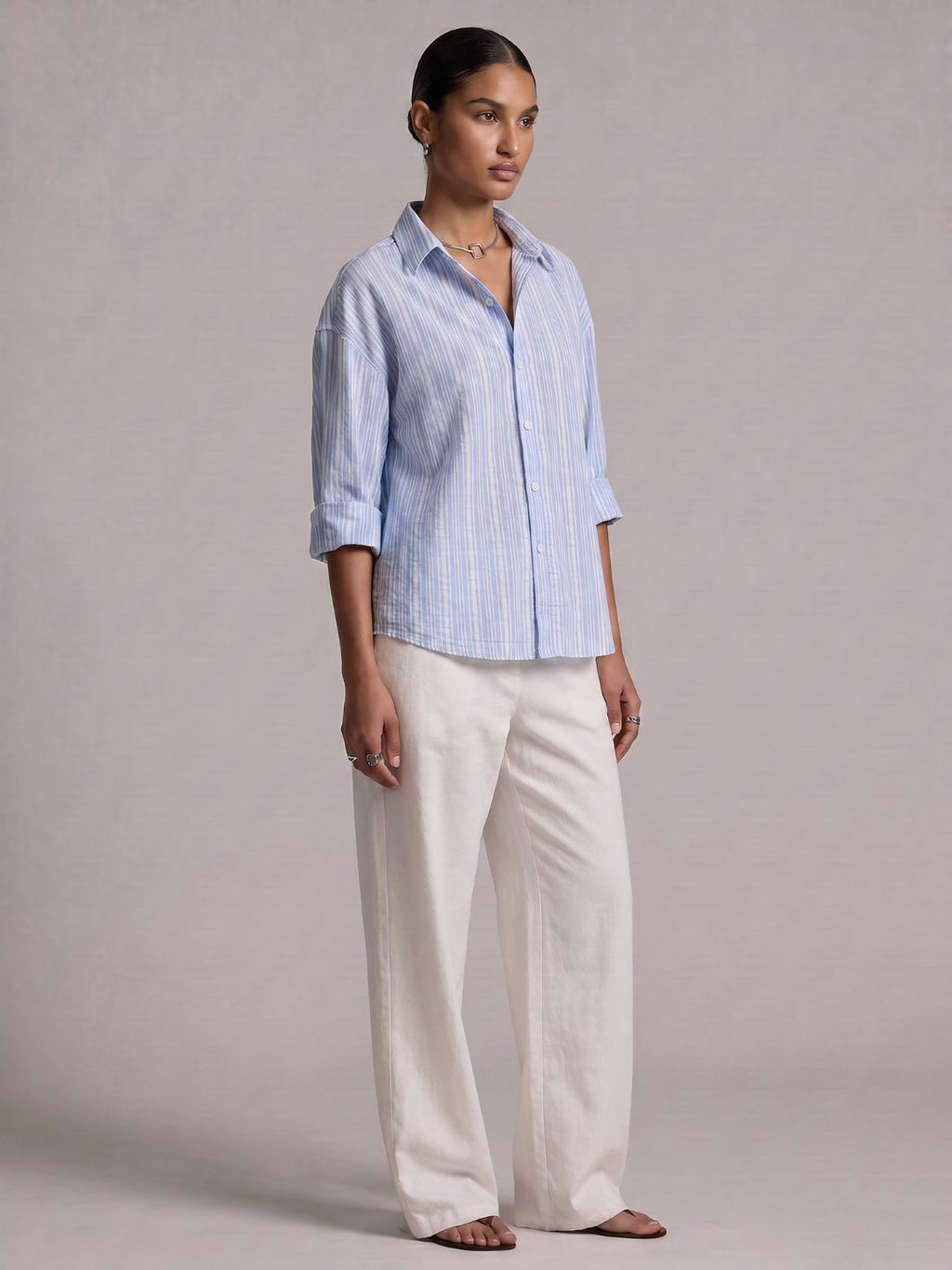 Oversized Striped Linen Crop Shirt