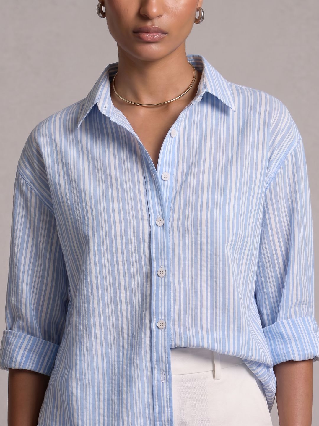 Oversized Striped Linen Crop Shirt