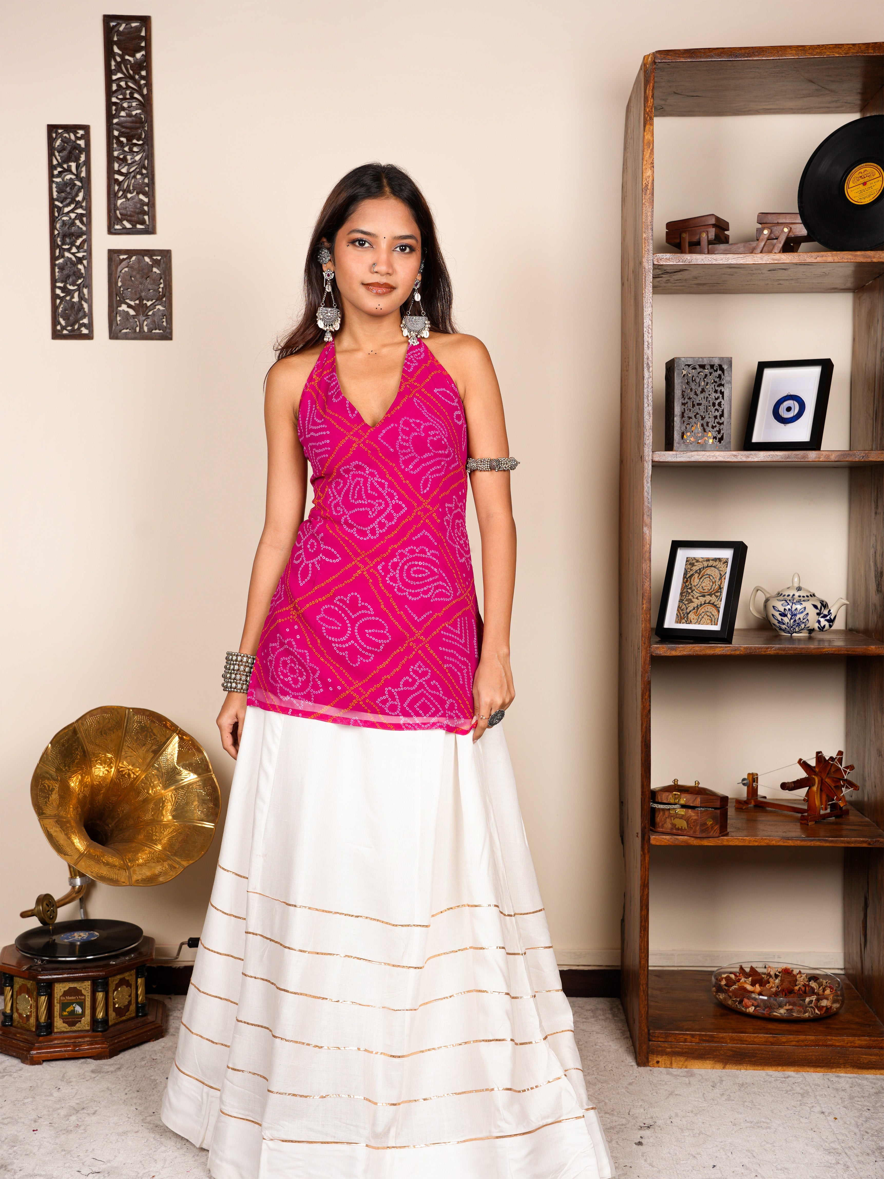 Rang Bandhani Halter Neck Corset Kurti