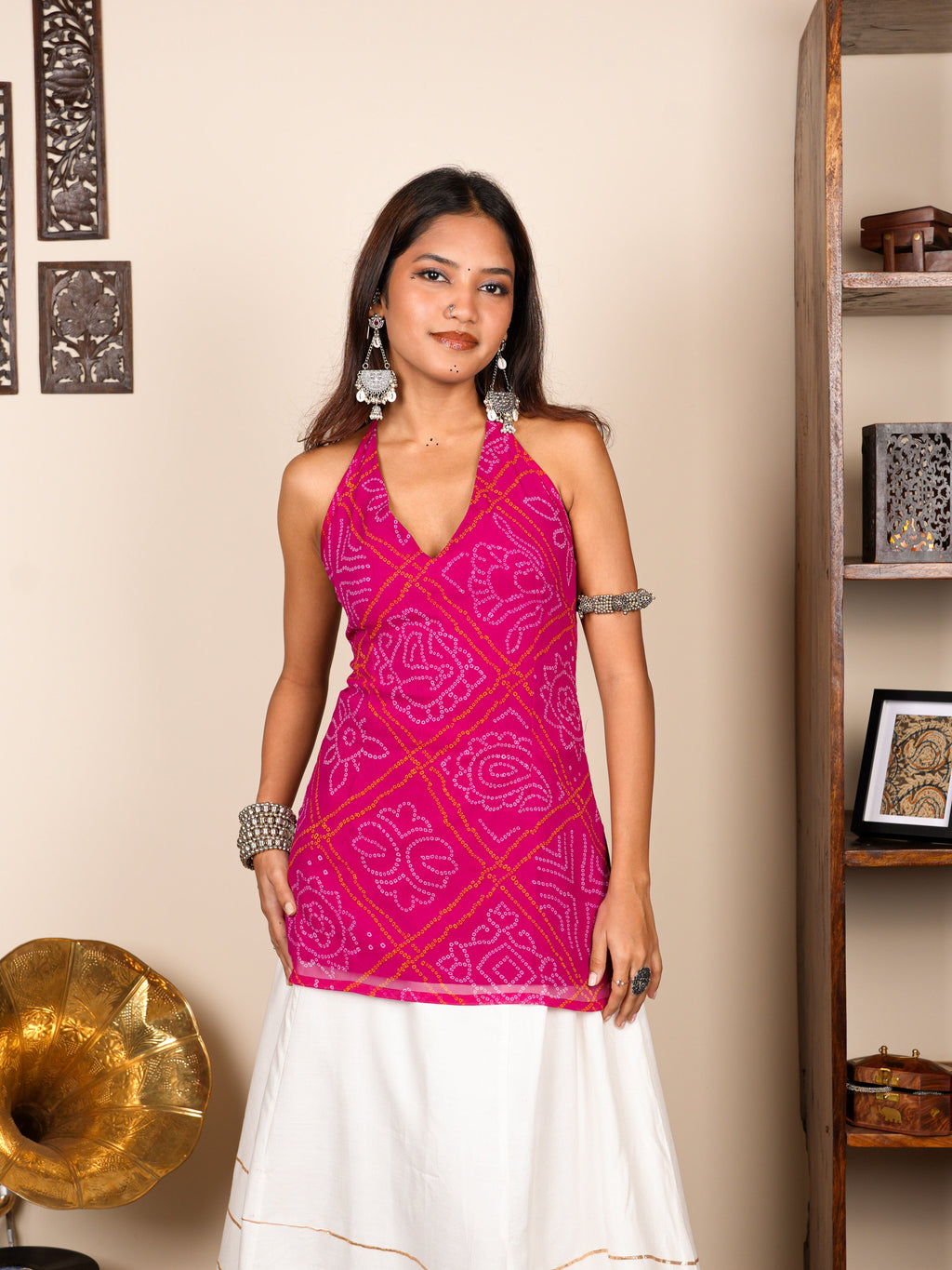 Rang Bandhani Halter Neck Corset Kurti Top