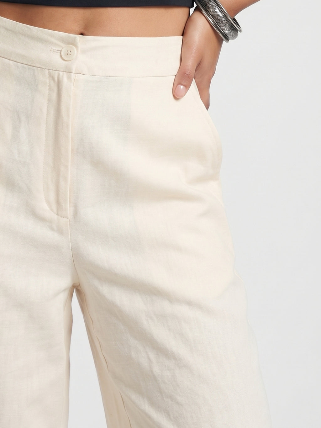 Beige Cotton Straight Pants