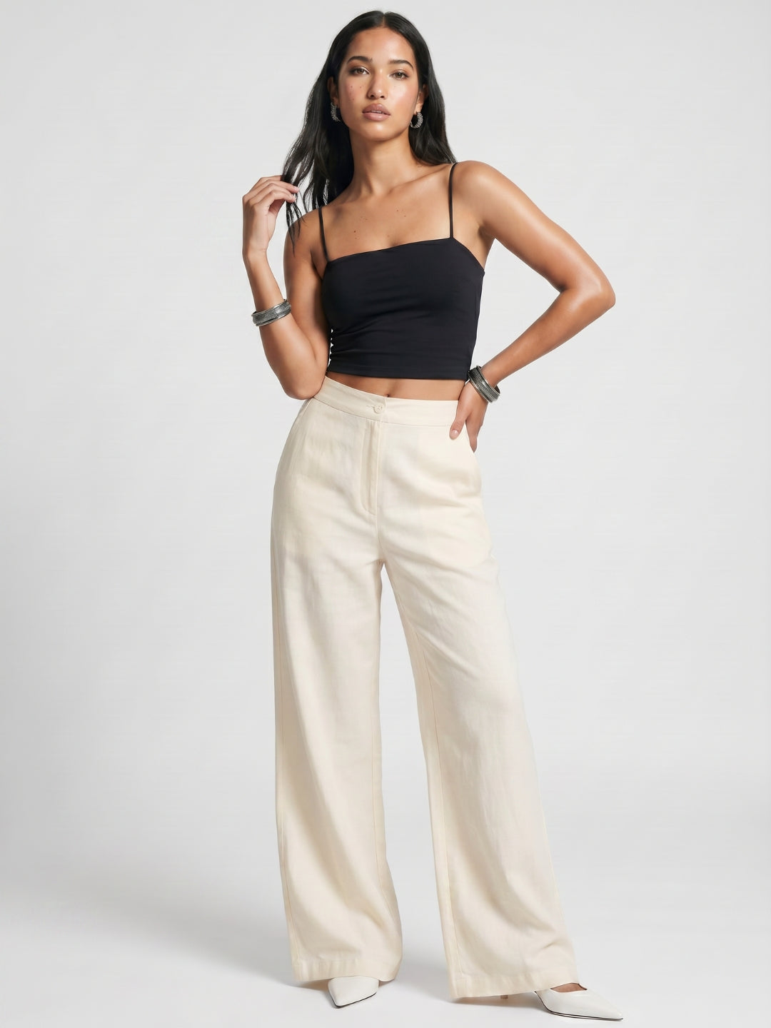 Beige Cotton Straight Pants