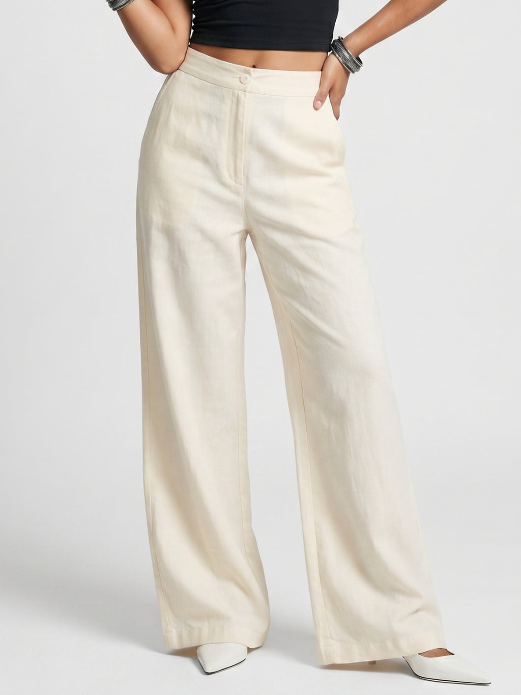 Beige Cotton Straight Pants