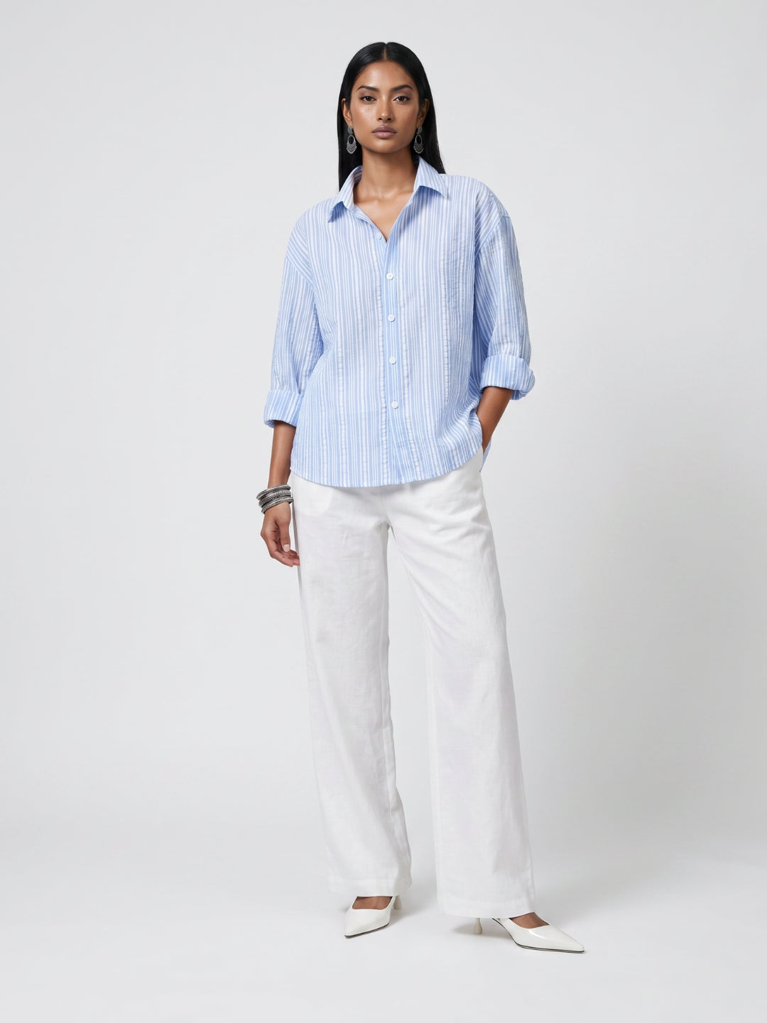 Oversized Striped Linen Crop Shirt