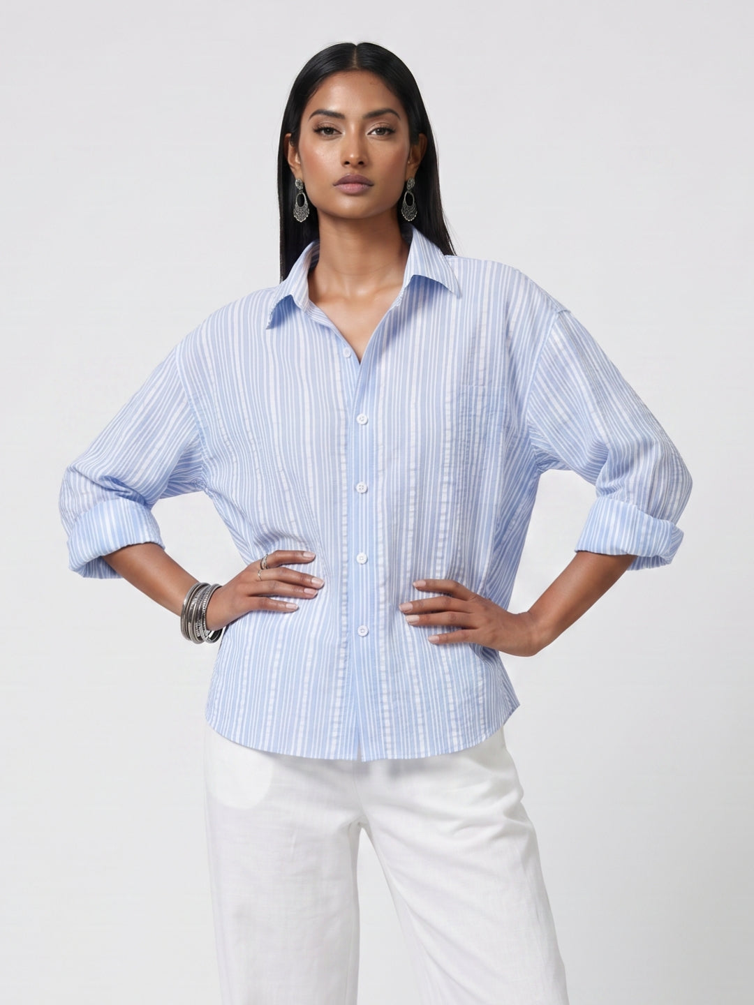 Oversized Striped Linen Crop Shirt