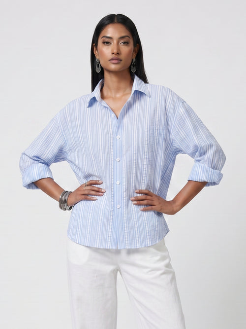 Oversized Striped Linen Crop Shirt